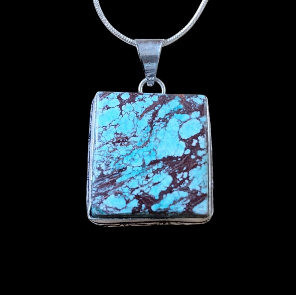 Spiritual Protection Kingman Turquoise 925 Silver Square Pendant Necklace 18"